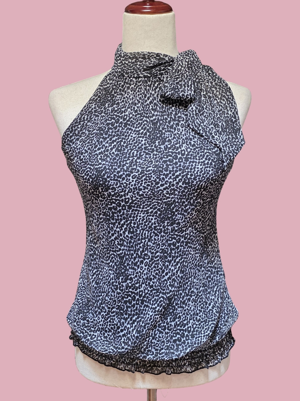 Sequin Hearts Y2K Lepard Print Grey Sleeveless Bow Collar Top